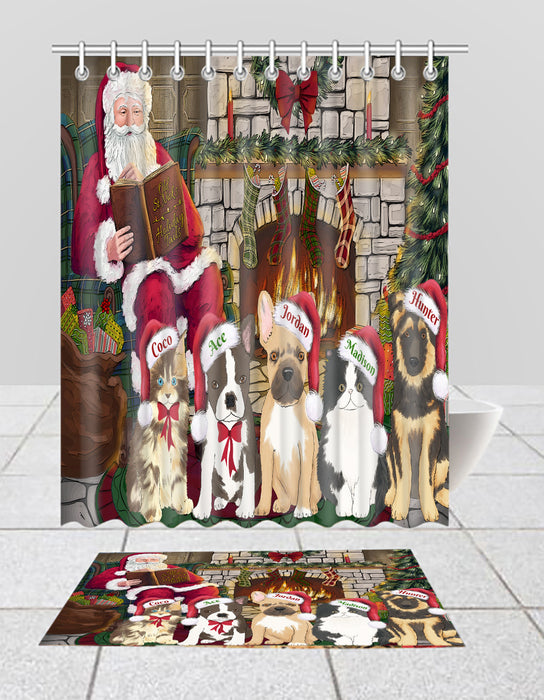 Custom Personalized Cartoonish Pet Photo and Name on Shower Curtain & Bath Mat Combo in Christmas Fire Holiday Tails Background