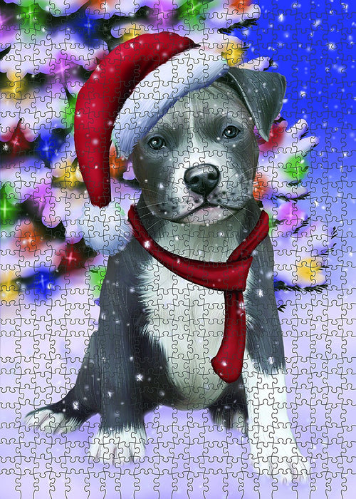 Winter Wonderland Pit Bull Puppy Christmas Puzzle with Photo Tin PUZL1062