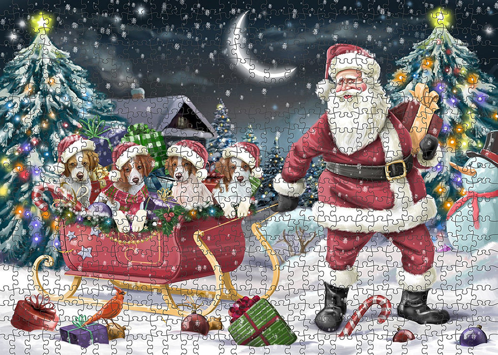 Santa Sled Dogs Brittany Spaniel Christmas Puzzle with Photo Tin PUZL954