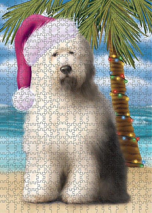 Summertime Old English Sheepdog on Beach Christmas Puzzle with Photo Tin PUZL1299