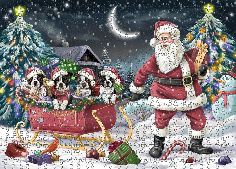 Santa Sled Dogs Boston Terrier Christmas Puzzle with Photo Tin PUZL942