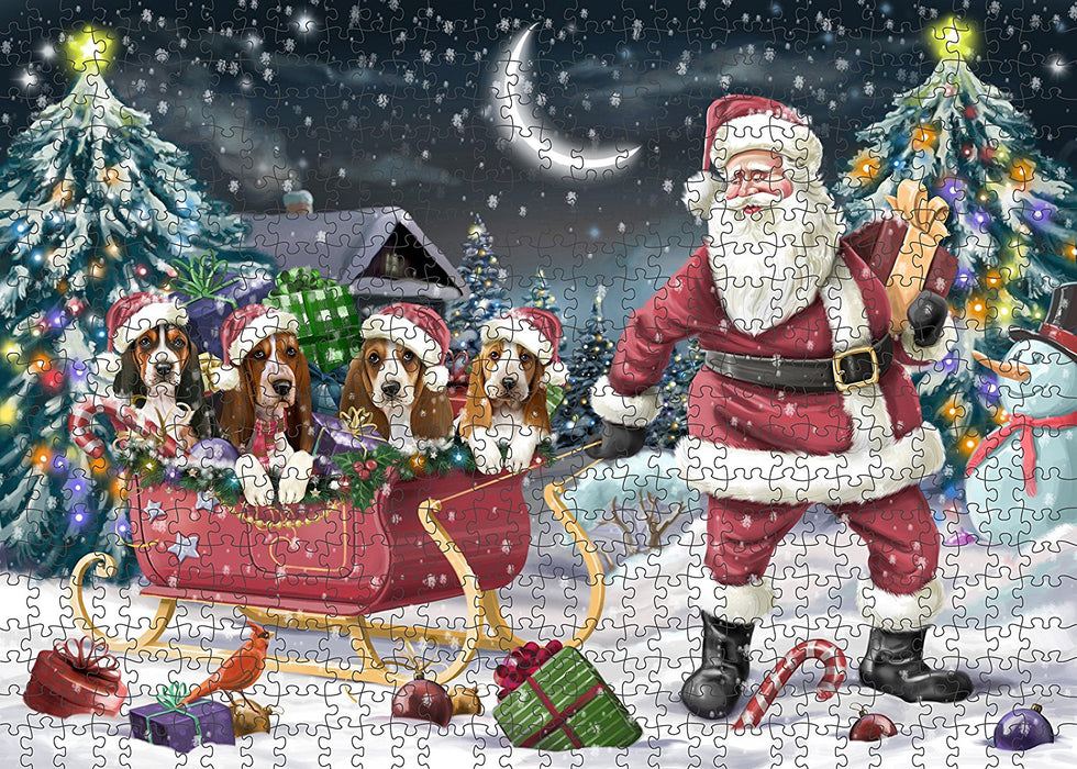 Santa Sled Dogs Basset Hound Christmas Puzzle with Photo Tin PUZL951
