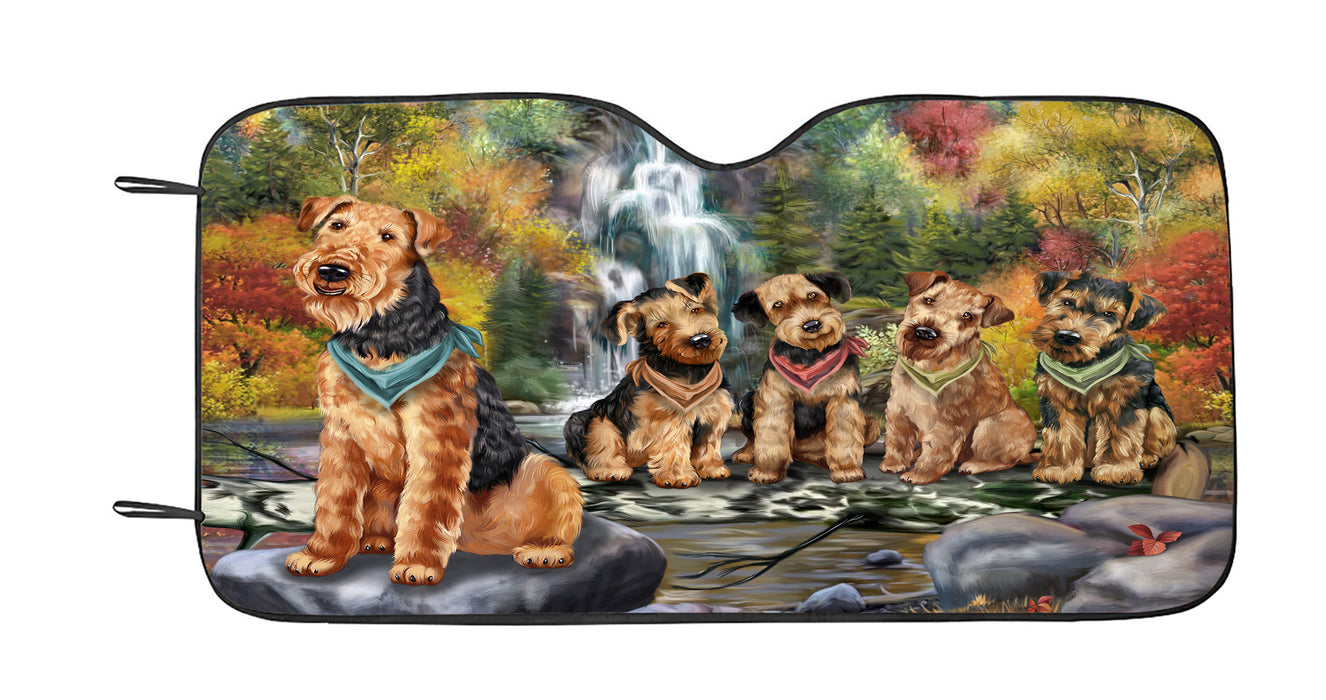Scenic Waterfall Airedale Dogs Car Sun Shade