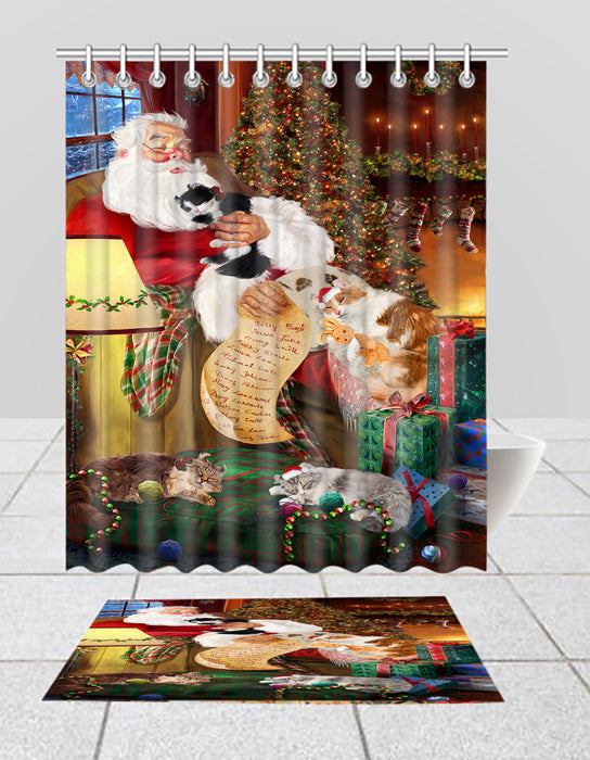 Santa Sleeping with American Curl Cats  Bath Mat and Shower Curtain Combo