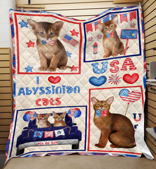 4th of July Independence Day I Love USA Abyssinian Cats Quilt Bed Coverlet Bedspread - Pets Comforter Unique One-side Animal Printing - Soft Lightweight Durable Washable Polyester Quilt