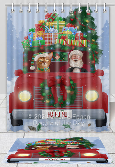Christmas Honk Honk Red Truck Here Comes with Santa and Abyssinian Cat Bath Mat and Shower Curtain Combo