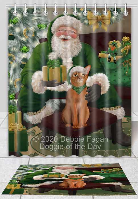 Christmas Irish Santa with Presents and Abyssinian Cat Bath Mat and Shower Curtain Combo