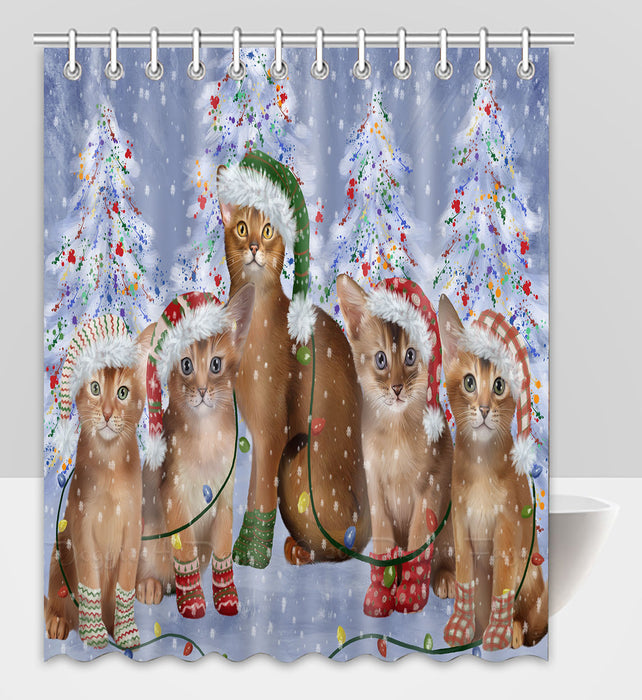 Christmas Lights and Abyssinian Cats Shower Curtain Pet Painting Bathtub Curtain Waterproof Polyester One-Side Printing Decor Bath Tub Curtain for Bathroom with Hooks