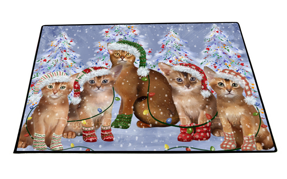 Christmas Lights and Abyssinian Cats Floor Mat- Anti-Slip Pet Door Mat Indoor Outdoor Front Rug Mats for Home Outside Entrance Pets Portrait Unique Rug Washable Premium Quality Mat