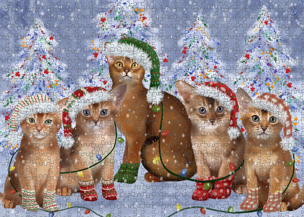 Christmas Lights and Abyssinian Cats Portrait Jigsaw Puzzle for Adults Animal Interlocking Puzzle Game Unique Gift for Dog Lover's with Metal Tin Box
