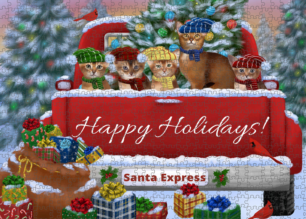 Christmas Red Truck Travlin Home for the Holidays Abyssinian Cats Portrait Jigsaw Puzzle for Adults Animal Interlocking Puzzle Game Unique Gift for Dog Lover's with Metal Tin Box