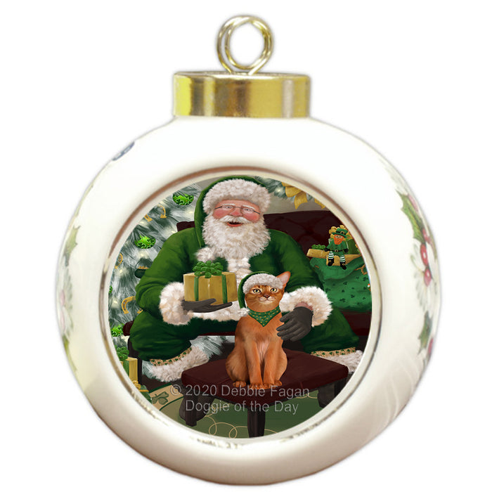 Christmas Irish Santa with Gift and Abyssinian Cat Round Ball Christmas Ornament RBPOR57889