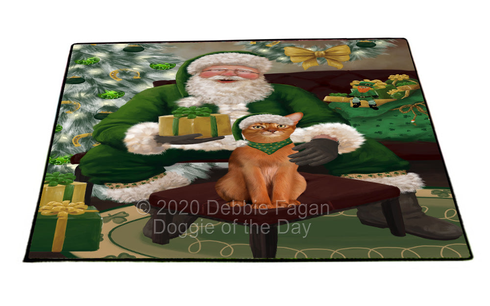 Christmas Irish Santa with Gift and Abyssinian Cat Indoor/Outdoor Welcome Floormat - Premium Quality Washable Anti-Slip Doormat Rug FLMS57040