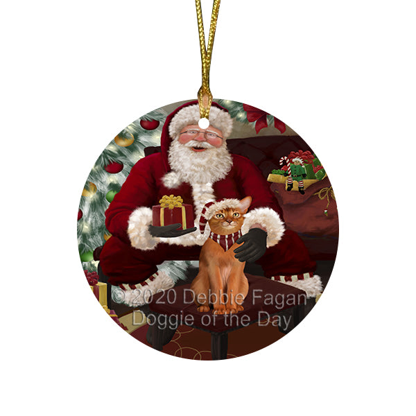 Santa's Christmas Surprise Abyssinian Cat Round Flat Christmas Ornament RFPOR57987