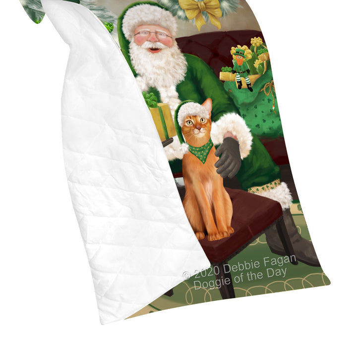Christmas Irish Santa with Gift and Abyssinian Cat Quilt Bed Coverlet Bedspread - Pets Comforter Unique One-side Animal Printing - Soft Lightweight Durable Washable Polyester Quilt