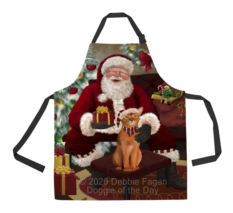 Santa's Christmas Surprise Abyssinian Cat Apron - Adjustable Long Neck Bib for Adults - Waterproof Polyester Fabric With 2 Pockets - Chef Apron for Cooking, Dish Washing, Gardening, and Pet Grooming