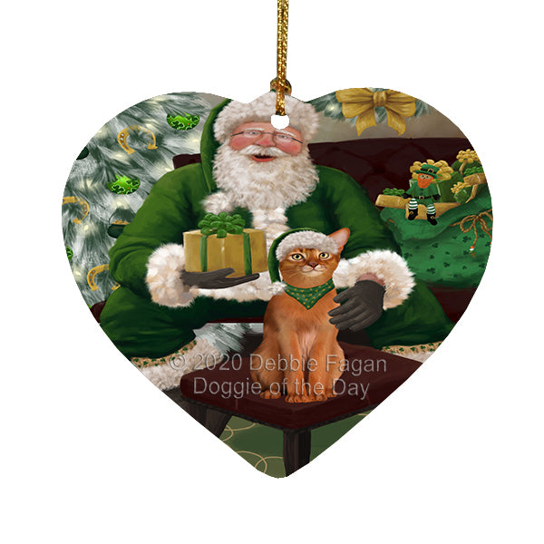 Christmas Irish Santa with Gift and Abyssinian Cat Heart Christmas Ornament RFPOR58231