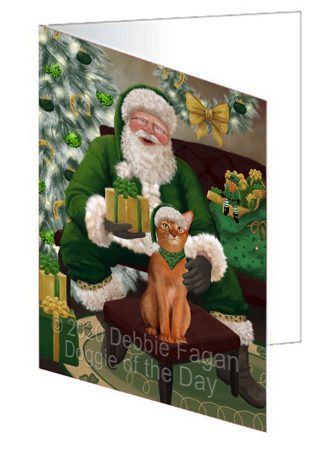 Christmas Irish Santa with Gift and Abyssinian Cat Handmade Artwork Assorted Pets Greeting Cards and Note Cards with Envelopes for All Occasions and Holiday Seasons GCD75737