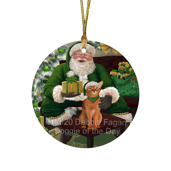 Christmas Irish Santa with Gift and Abyssinian Cat Round Flat Christmas Ornament RFPOR57889