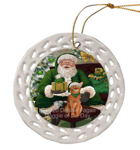 Christmas Irish Santa with Gift and Abyssinian Cat Doily Ornament DPOR59451