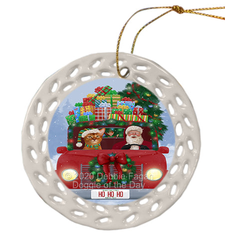 Christmas Honk Honk Red Truck with Santa and Abyssinian Cat Doily Ornament DPOR59310