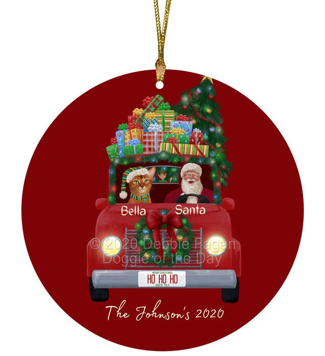 Personalized Christmas Honk Honk Red Truck Here Comes with Santa and Abyssinian Cat Round Flat Ornament PRBPOR59039