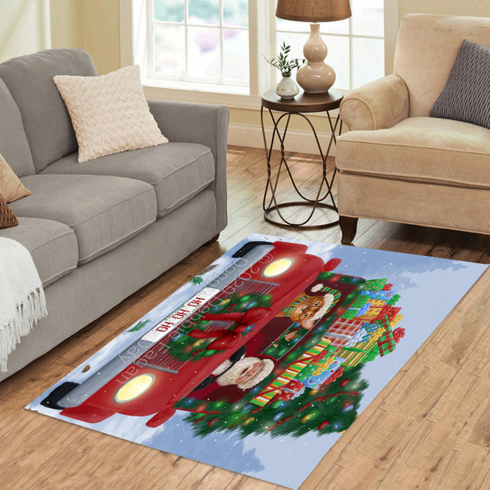 Christmas Honk Honk Red Truck Here Comes with Santa and Abyssinian Cat Polyester Area Rug ARUG63198