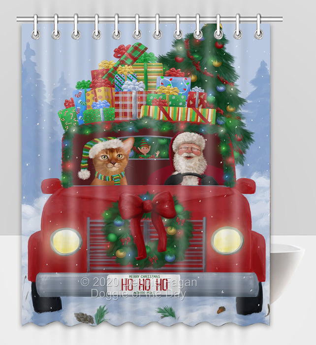 Christmas Honk Honk Red Truck Here Comes with Santa and Abyssinian Cat Shower Curtain Bathroom Accessories Decor Bath Tub Screens SC001