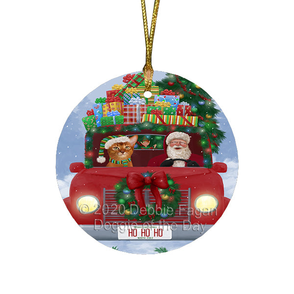 Christmas Honk Honk Red Truck Here Comes with Santa and Abyssinian Cat Round Flat Christmas Ornament RFPOR57791