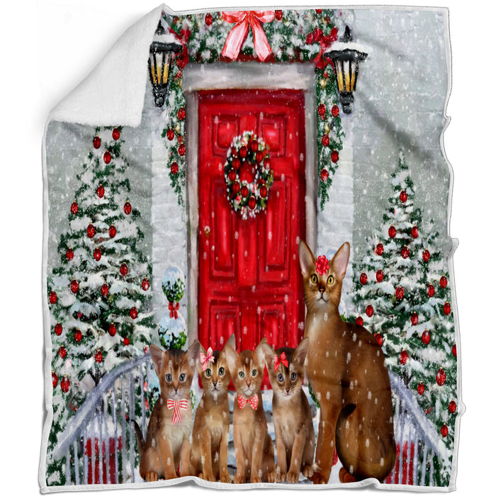Christmas Holiday Welcome Abyssinian Cats Blanket - Lightweight Soft Cozy and Durable Bed Blanket - Animal Theme Fuzzy Blanket for Sofa Couch