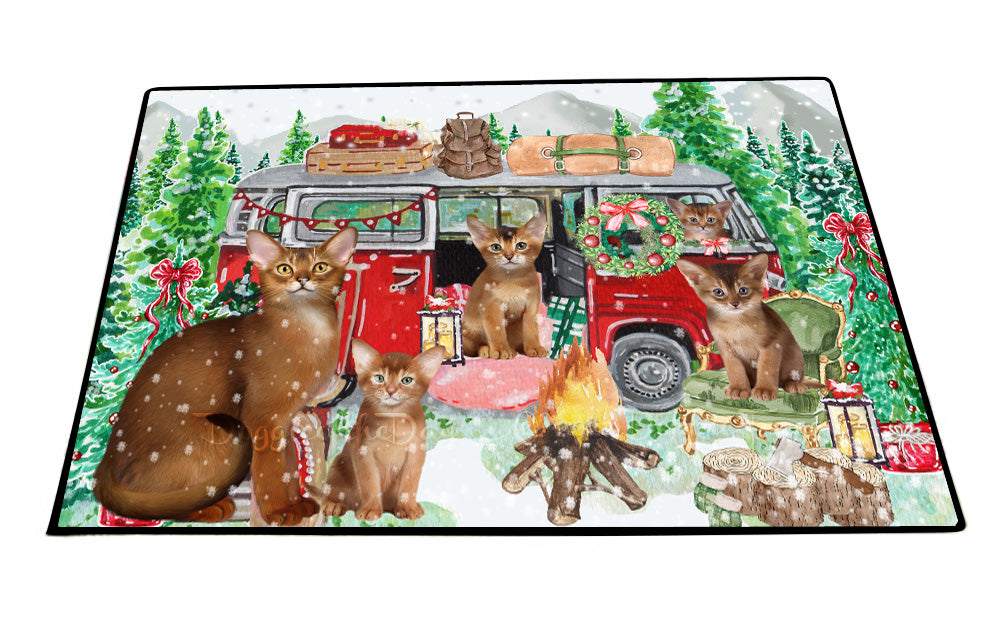 Christmas Time Camping with Abyssinian Cats Floor Mat- Anti-Slip Pet Door Mat Indoor Outdoor Front Rug Mats for Home Outside Entrance Pets Portrait Unique Rug Washable Premium Quality Mat
