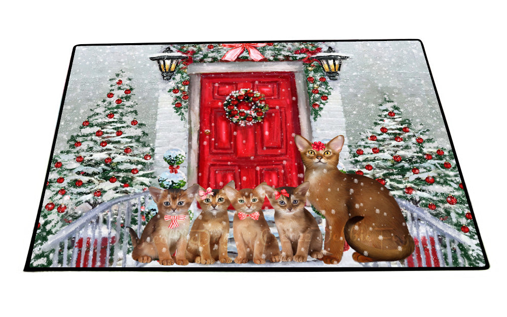 Christmas Holiday Welcome Abyssinian Cats Floor Mat- Anti-Slip Pet Door Mat Indoor Outdoor Front Rug Mats for Home Outside Entrance Pets Portrait Unique Rug Washable Premium Quality Mat