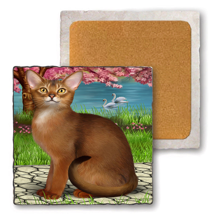 Abyssinian Cat Set of 4 Natural Stone Marble Tile Coasters MCST49611