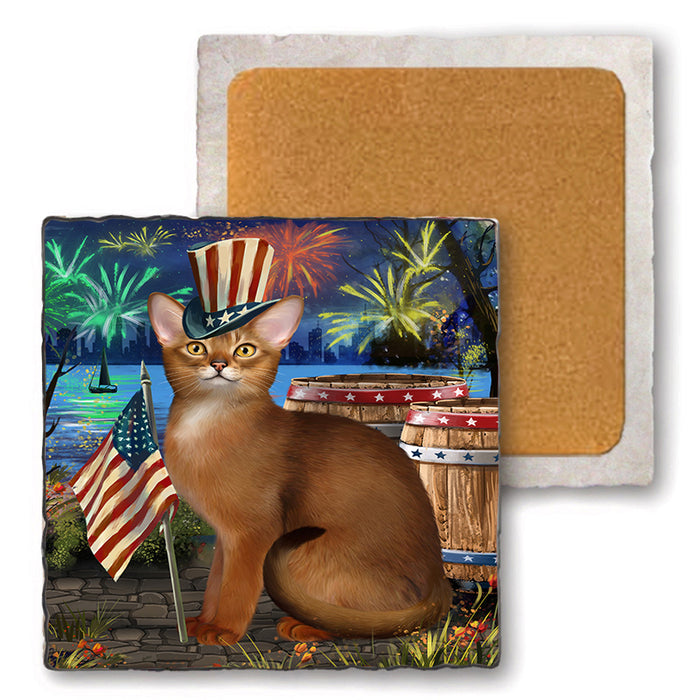 4th of July Independence Day Firework Abyssinian Cat Set of 4 Natural Stone Marble Tile Coasters MCST49027