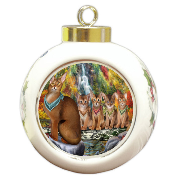 Scenic Waterfall Abyssinian Cats Round Ball Christmas Ornament RBPOR54786