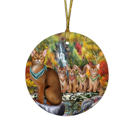 Scenic Waterfall Abyssinian Cats Round Flat Christmas Ornament RFPOR54777