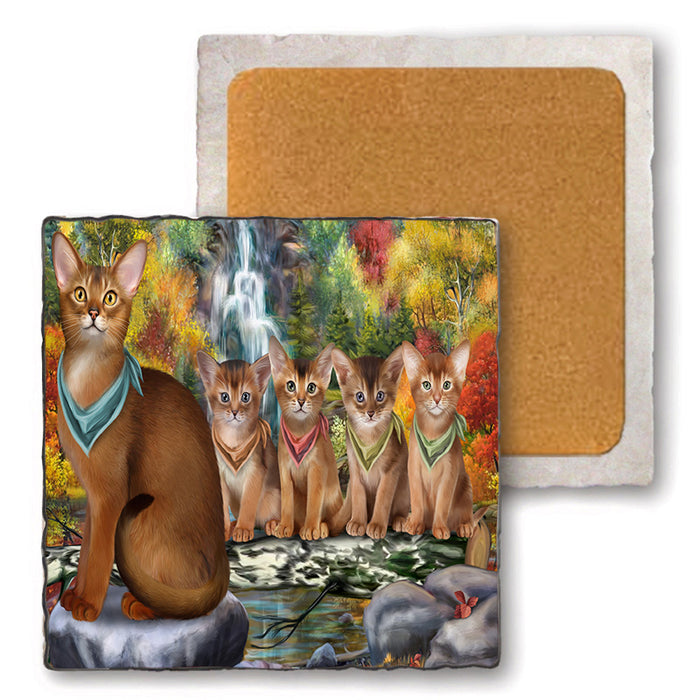 Scenic Waterfall Abyssinian Cats Set of 4 Natural Stone Marble Tile Coasters MCST49658