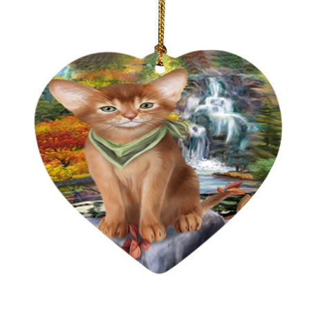 Scenic Waterfall Abyssinian Cat Heart Christmas Ornament HPOR54787