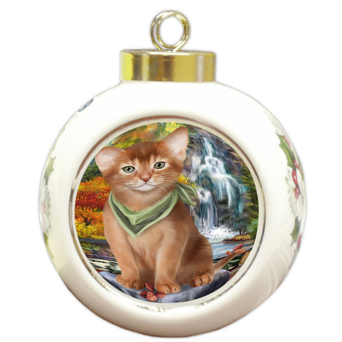 Scenic Waterfall Abyssinian Cat Round Ball Christmas Ornament RBPOR54787