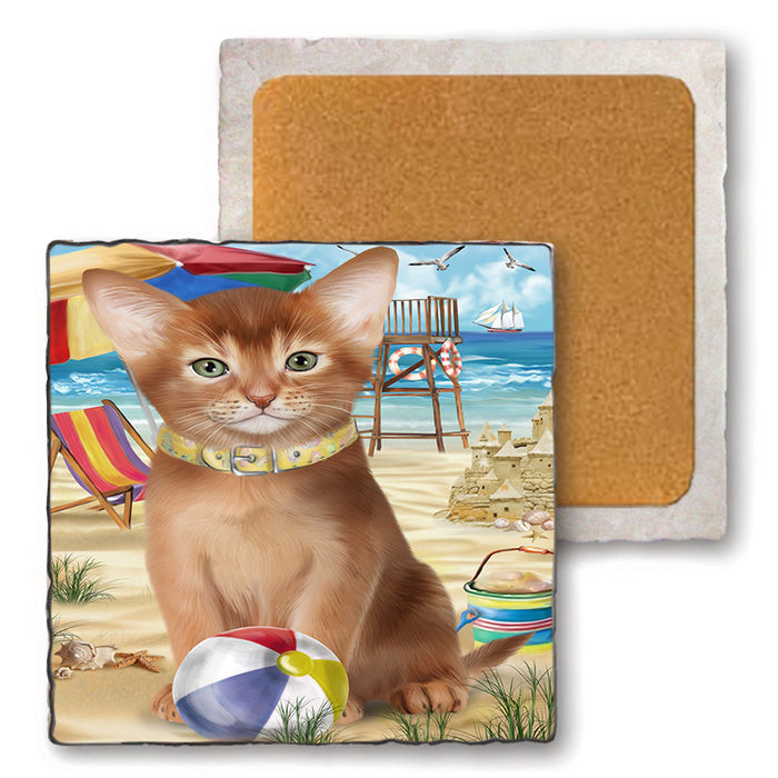 Pet Friendly Beach Abyssinian Cat Set of 4 Natural Stone Marble Tile Coasters MCST49156