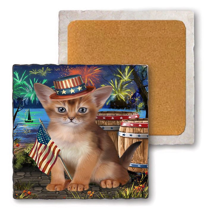 4th of July Independence Day Firework Abyssinian Cat Set of 4 Natural Stone Marble Tile Coasters MCST49028