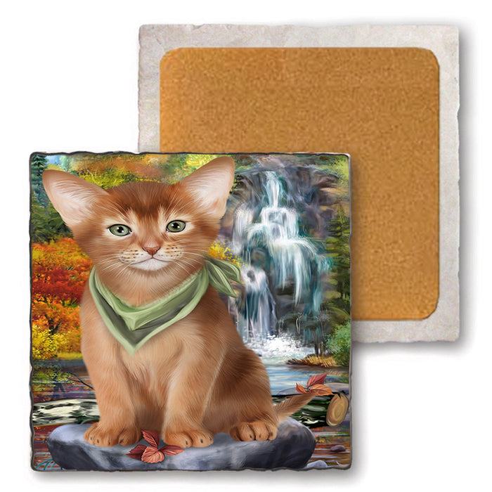 Scenic Waterfall Abyssinian Cat Set of 4 Natural Stone Marble Tile Coasters MCST49659