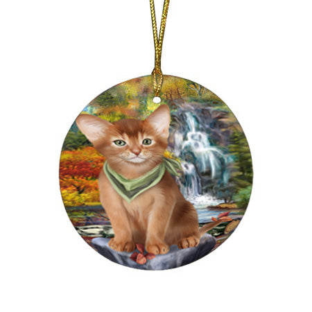 Scenic Waterfall Abyssinian Cat Round Flat Christmas Ornament RFPOR54778