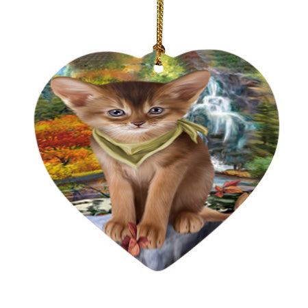 Scenic Waterfall Abyssinian Cat Heart Christmas Ornament HPOR54788