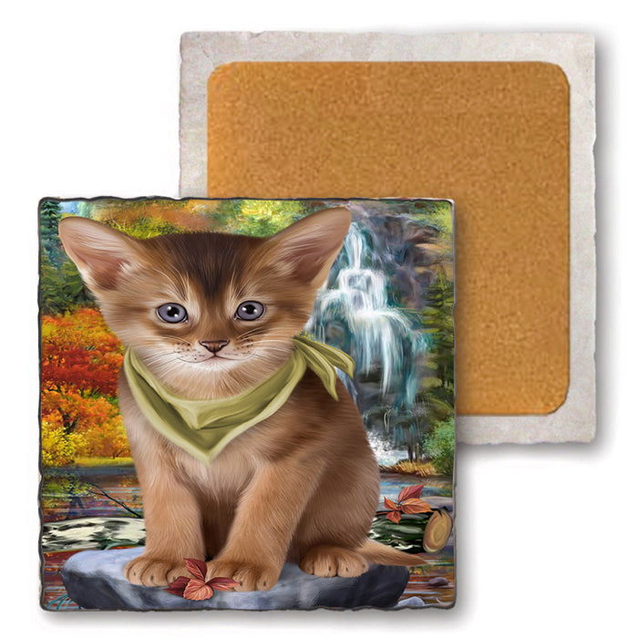 Scenic Waterfall Abyssinian Cat Set of 4 Natural Stone Marble Tile Coasters MCST49660