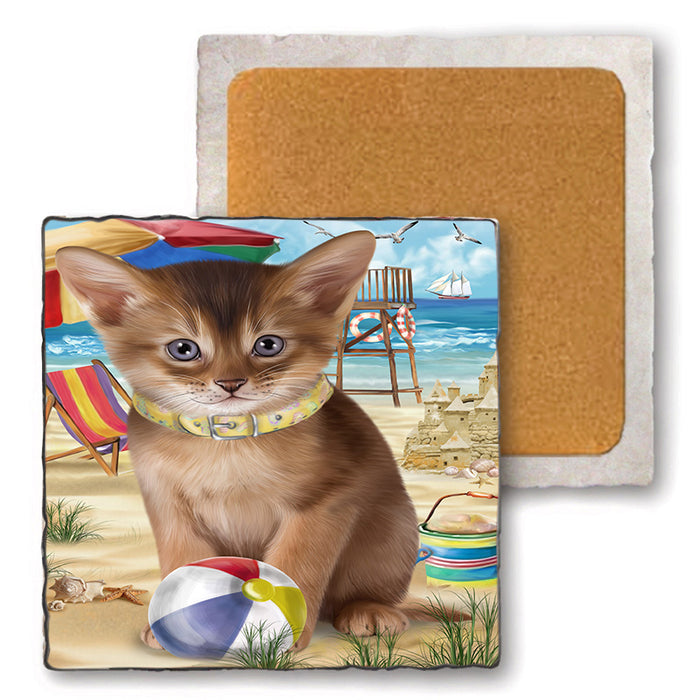 Pet Friendly Beach Abyssinian Cat Set of 4 Natural Stone Marble Tile Coasters MCST49157