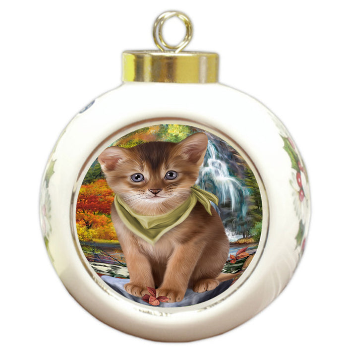 Scenic Waterfall Abyssinian Cat Round Ball Christmas Ornament RBPOR54788