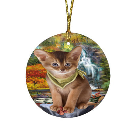 Scenic Waterfall Abyssinian Cat Round Flat Christmas Ornament RFPOR54779