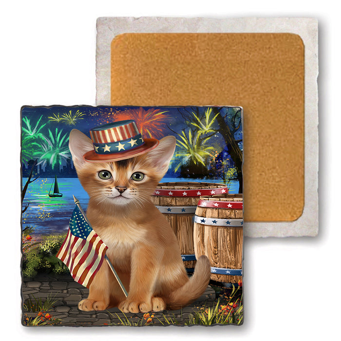 4th of July Independence Day Firework Abyssinian Cat Set of 4 Natural Stone Marble Tile Coasters MCST49029