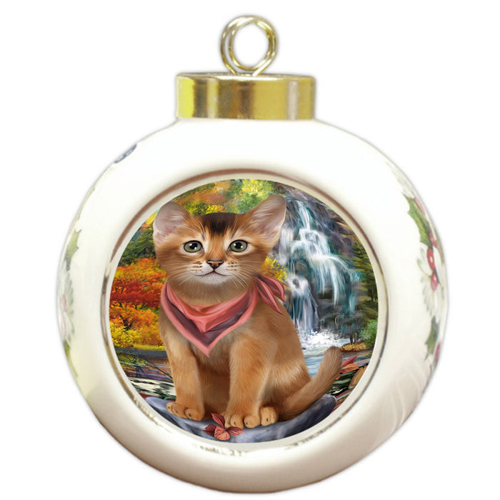 Scenic Waterfall Abyssinian Cat Round Ball Christmas Ornament RBPOR54789